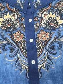 Plus Size Women's Vintage Western Floral Print Short Sleeve Button Collar Regular Fit Blouse Summer - Navy Blue - View 3