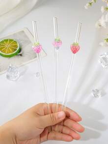 3PCS Three-Color Strawberry Glass Straws,Reusable Curved For Coffee, Milk Tea, Juices, Smoothies, Hot/Cold Drinks. Perfect For Parties, Cafes, Gifts For Lovers, Friends. Christmas, Thanksgiving, Back To School. - View 4