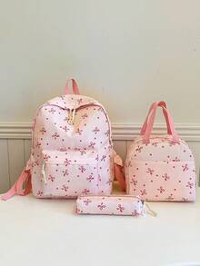 New Bow Print Laptop Backpack, Suitable For Elementary, Middle And High School Students - Pink - View 4