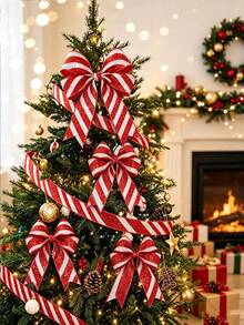 Red And White Diagonal Stripe Ribbon, Christmas Packaging Craft Decorative Ribbon, Wreath Bows, Holiday Party Decoration, Suitable For Gift Wrapping, Holiday Decor - Multicolor - View 4