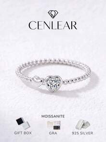 CENLEAR 1 buah Cincin Moissanite Hati Ganda Perak Sterling S925, Cincin Berlian Tunggal Janji yang Indah, Hadiah Hari Valentine Romantis untuk Pacar - Perak - View 1