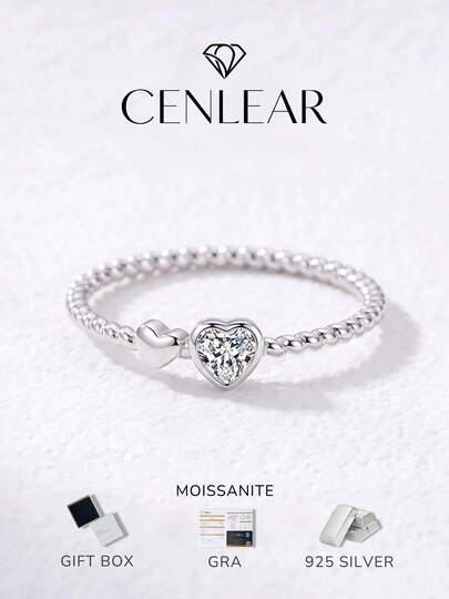 CENLEAR 1 buah Cincin Moissanite Hati Ganda Perak Sterling S925, Cincin Berlian Tunggal Janji yang Indah, Hadiah Hari Valentine Romantis untuk Pacar