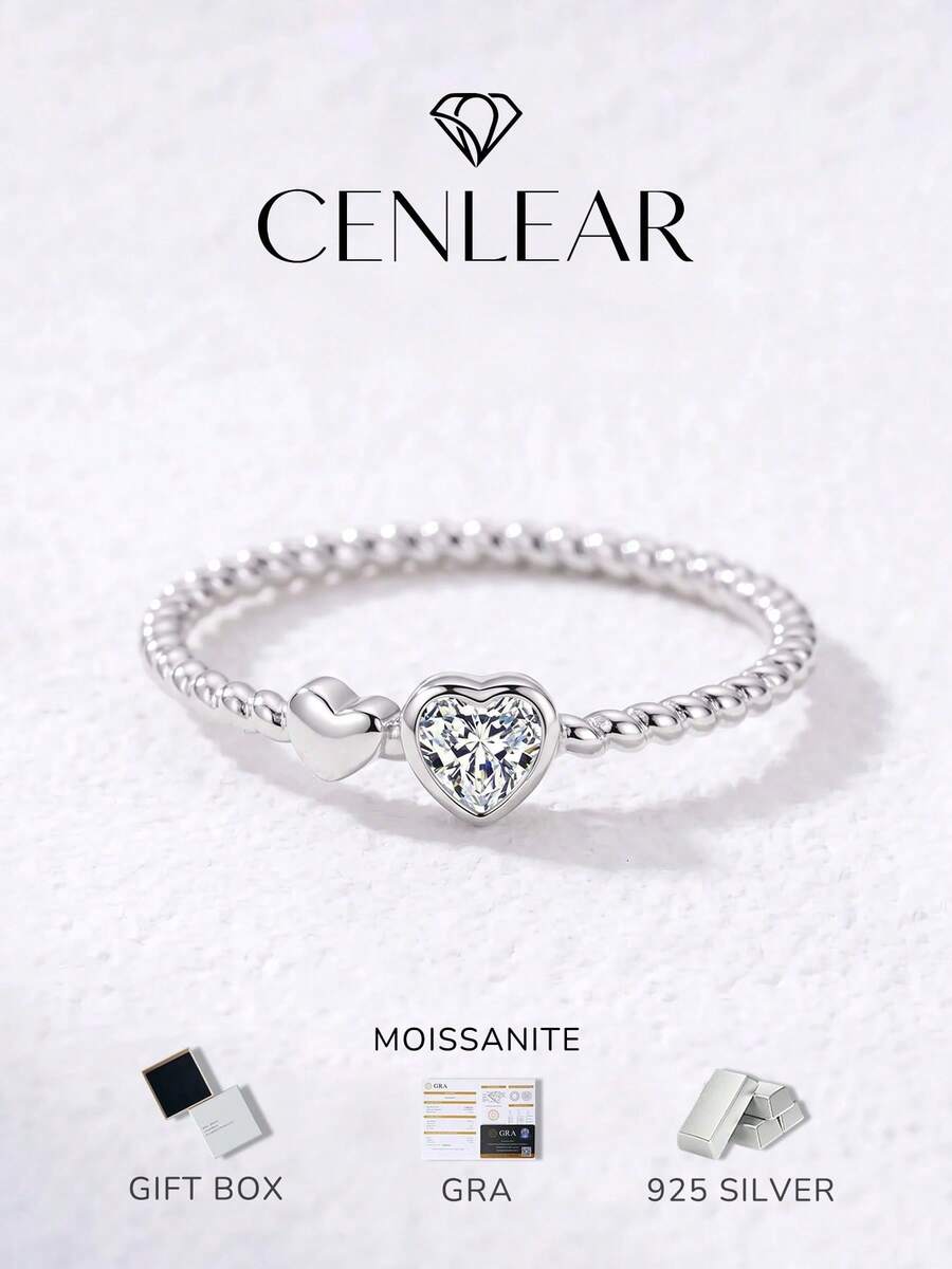 CENLEAR 1 buah Cincin Moissanite Hati Ganda Perak Sterling S925, Cincin Berlian Tunggal Janji yang Indah, Hadiah Hari Valentine Romantis untuk Pacar - Perak - View 1