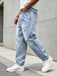 Roughcore Men's Loose Fit Distressed Washed Denim Jeans - Light Wash - View 5