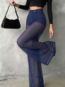 Women's Solid Color Sheer Mesh Casual Elegant High Waist Straight Leg Pants, Suitable For Daily Wear, Commuting, Dating, Gathering - Royal Blue - View 4