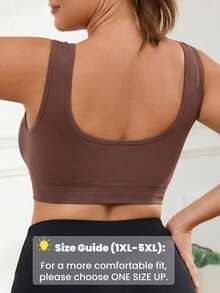 1pc Seamless Wireless Lift & Support Front Closure Adjustable Side Gather Yoga Bra, Wireless Cup Sports Bra For Plus Size Women Spring Fall - Brown - View 3