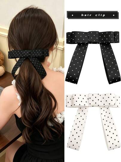 2/1pc Polka Dot Long Ribbon Bow Hair Accessory, Durable & Hair-Friendly, Sweet Cute Minimalist Hair Clip - Suitable For Women And Girls, Daily Wear, School, Party, Vacation
