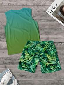 Men's Ombre Palm Tree Print Sleeveless Tank Top And Shorts Set, Suitable For Summer Vacation And Daily Wear - Green - View 4
