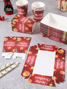 10/24pcs Red Christmas Ball, Pine Branch And Bow Print Paper Tableware Set, Includes Paper Cups, Popcorn Food Boxes, Napkins And Straws, Disposable Paper Tableware Suitable For New Year Celebrations, Family Gatherings, Dessert Events And Seasonal Parties - Multicolor - View 9
