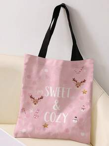 1pc Random Christmas Print Canvas Tote Bag, Large Capacity Hand‑Held Shoulder Bag,Reusable Shopping Bag For Music Festival Party Daily Packing Books - Pink - View 4