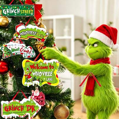 The Grinch Christmas Tree Hanging Ornament, Whoville Theme Paper Sign Decoration, Welcome To Whoville Directional Sign Hanging Plaque, Suitable For Christmas Tree, Home, Party Decoration