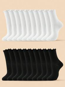 10/20/30/40 Pairs Women's Black & White Solid Color Ruffle Edge Casual Versatile Mid-Calf Socks - Black and White - View 17