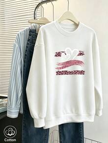 Women's Crew Neck Sweatshirt, Travel Pullover, Cotton Top, Women's Autumn/Winter Basic Sweatshirt - White - View 1