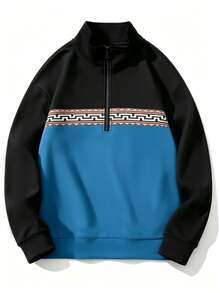 Men's Colorblock Half-Zip Pullover, Geometric Stripe Sublimation Print Stand Collar Long Sleeve Top, Machine Washable - Multicolor - View 2