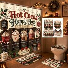1pc/4pcs Christmas American Hot Cocoa Menu Multi-Functional Bathroom Decor Shower Curtain Set, Free 12 Hooks, Premium Holiday Atmosphere, Bathroom Mat, U-Shaped Floor Mat And Round Toilet Lid Cover, Suitable For All Christmas Scenes Decoration - American Hot Cocoa - View 1