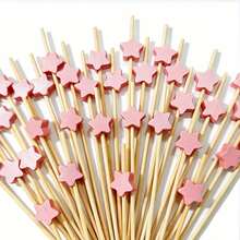 100pcs Rose Gold Star Shaped Cocktail Picks, Bamboo Fruit Appetizer Skewers, Suitable For Wedding Birthday Party Supplies - Pink - View 6