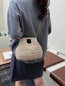 Dedoo Women's Dumpling-Shaped Woven Straw Crossbody Bag, Chain Shoulder Strap, Hand Carry Handle, Bohemian Style, Suitable For Summer Beach Vacation (Includes Gift Bag) - Beige - View 3