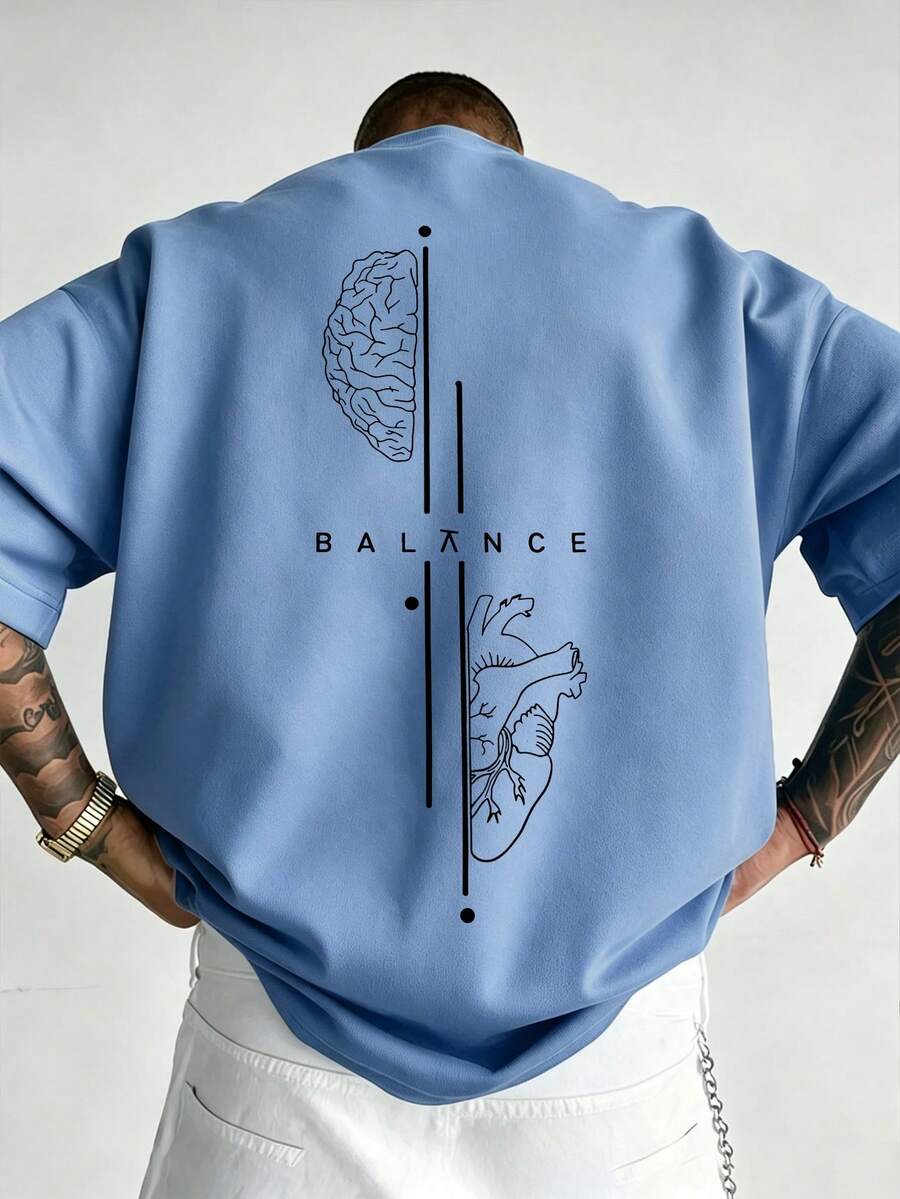 男士夏季百搭時尚 Mind-Body Balance 系列印花雪花圖案圓領短袖T恤 - 藍色 - 查看 1