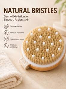 1pc Bamboo Body Exfoliating Brush, Dry & Wet Use Bath Brush With Massage Ball, Reusable Back Scrubbing Ball, Suitable For Shower, Bath And SPA - Multicolor - View 2