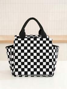 1個格紋保溫午餐袋 大容量燈芯絨保溫午餐提袋 可重複使用保溫午餐包 適合上班、上學、野餐與旅行 時尚帆布拉鍊午餐盒 便攜防漏午餐收納袋 學生午餐袋 中性旅行必備 - 黑色 - 查看 4