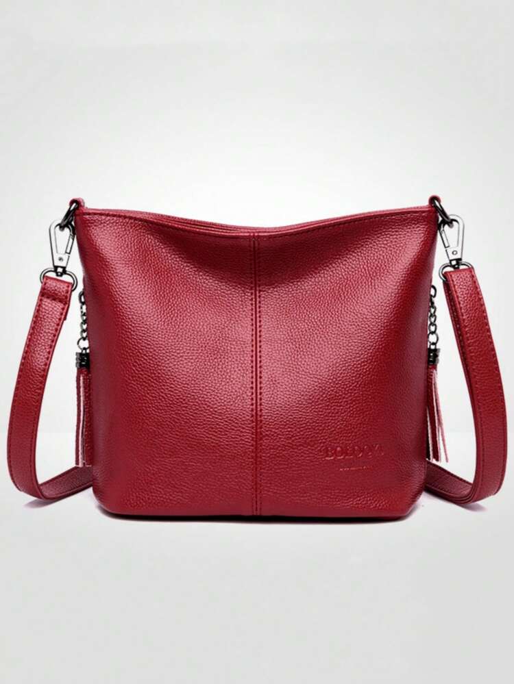 Women's Bohemian Style Crossbody Bag, Lychee Texture Faux Leather, Embossed Logo, Adjustable Shoulder Strap, Large Capacity, Classic Daily Use All Seasons, Burgundy - Burgundy - View 6