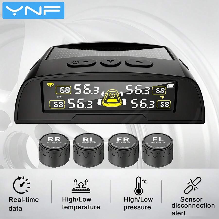 YNF Solar Powered Wireless TPMS Tire Pressure Monitoring System, 4 External Sensors, Real-Time Data Display, High/Low Pressure & Temperature Alarm, Sensor Disconnection Reminder