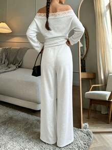 Grey Off-The-Shoulder Two Pieces Set, Lace-Edged Fitted Top + Elastic Waist Wide-Leg Pants Set, Suitable For Daily Wear - Light Grey - View 3