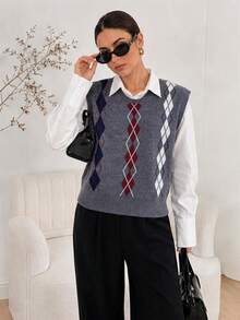 Women's Vertical Striped Argyle Jacquard Knit Vest, Round Neck Sleeveless Sweater Fall - Grey - View 5