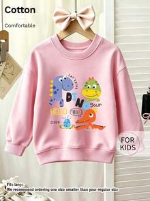 Tween Girl Crew Neck Sweatshirt, Colorful Dinosaur Letter Printed Cotton Pullover, Soft Casual Long Sleeve Top - Pink - View 7