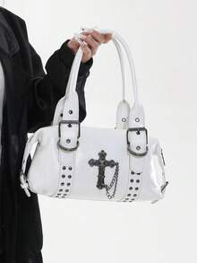 Shoulder Bag With Rivet Decoration, Detachable Strap And Zipper Closure, Cool Style Underarm Bag, Women's Bag, Unique Niche Design For Daily Outings, Dates, Commuting And Casual Crossbody Wear - White - View 4