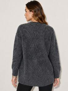 Plus Size Women's Sequin Floral Plush Knit Cardigan, Round Neck Button Front Sweater Jacket, Loose Fit Slimming Daily Wear Black, Autumn/Winter - Black - View 6