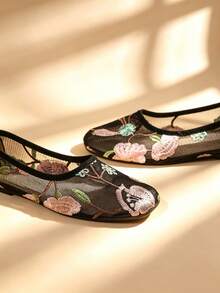 Women's Floral Embroidered Mesh Ballet Flats, Square Toe Breathable Slip-On Versatile Shoes - Black - View 14