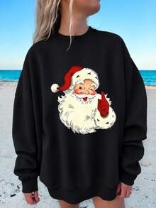 Christmas "Santa Claus Blowing Bubbles" Print Crew Neck Sweatshirt, Plus Size Women's Casual Autumn/Winter Long Sleeve Sweatshirt, Suitable For Winter Holiday, Beach, Vacation, Autumn, Halloween, Christmas, New Year. Suitable For Daily Wear, Going Out Top, Outings, Holidays, Beach, Parties, Birthdays, School, Vacation, Commuting, Fitness, Weddings, New Year, Fashion, Winter Top, Women's Autumn, Women's Holiday - Black - View 2