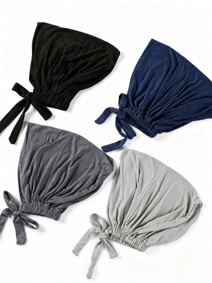 CONFLASS Bộ 4 mũ lót hijab màu trơn, buộc dây, co giãn, điều chỉnh được kích cỡ, chất liệu modal - Nhiều màu - Xem 1