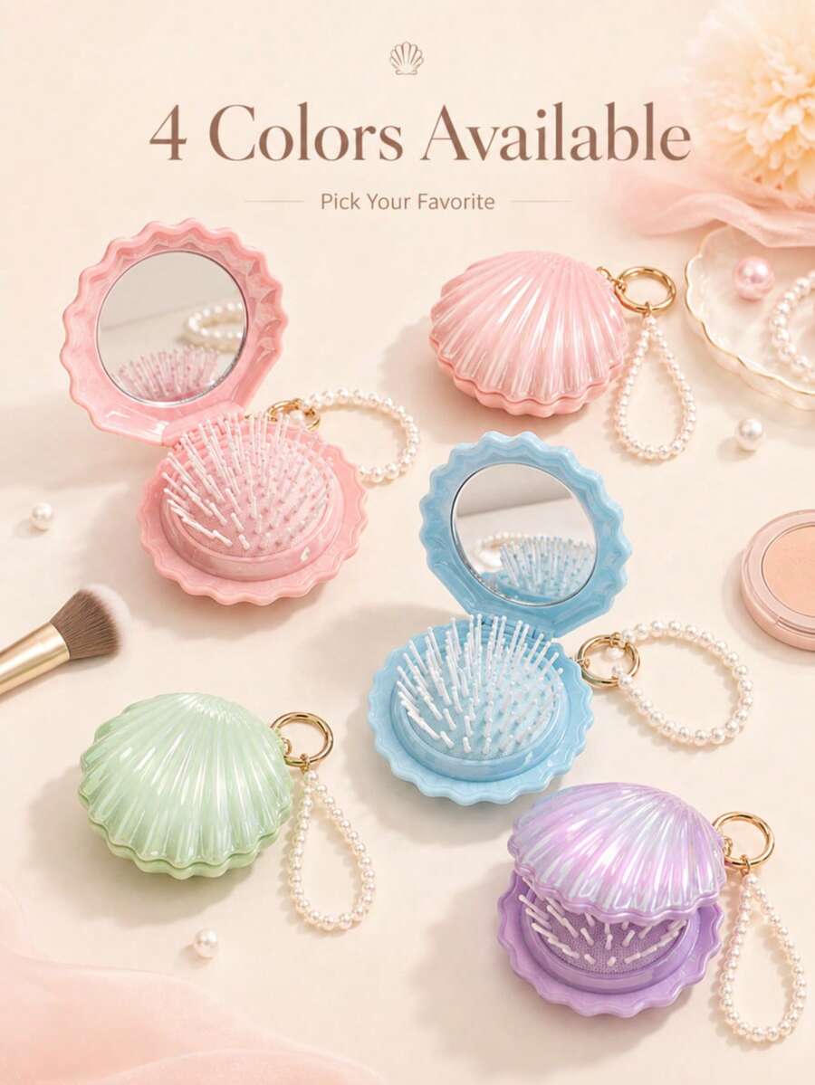 Set Cermin dan Sisir Lipat Portabel 2-in-1 Berbentuk Cangkang, Cermin Rias Mini dengan Liontin Mutiara, Aksesori Kecantikan Perjalanan yang Lucu, Cocok untuk Hadiah Natal, Souvenir, Perlengkapan Perjalanan, Kualitas Terjangkau - MultiWarna - View 1