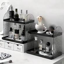 1pc Double-Layer Wavy Texture Side Panel Cosmetic Display Rack, Highly Attractive Desktop Organizer, Vanity Storage For Perfume And Skincare, Home Decor, Multi-Layer Desktop Washstand Cosmetic Storage, Bathroom Water Ripple Organizer - View 2