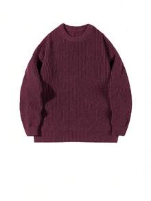 Lightweight Casual Textured Knit Sweater, Minimalist Design, Loose Fit Crew Neck Pullover For Unisex, Suitable For Autumn/Winter - Burgundy - View 3