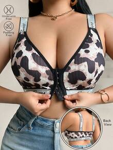 Plus Size Women's Front Closure Wireless Bra With Silver Ribbon - Black and White - View 2