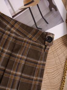 Women's Pleated Casual Plaid Skirt - Coffee Brown - View 4