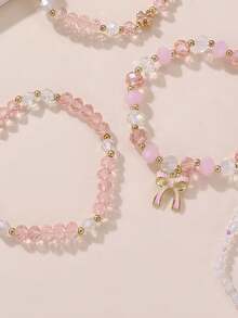 5pcs/Set Girls Beaded Bracelets Sweet Bow Pendant Elastic Wristbands Versatile Accessories - Multicolor - View 4