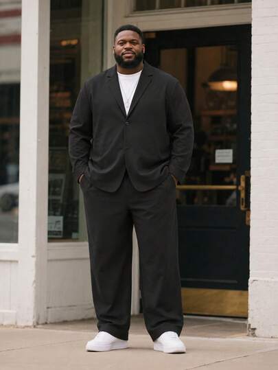 Men's Plus Size Suit Set, Solid Color Casual Suit Set For Autumn, Suitable For Daily Wear