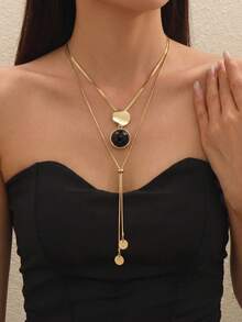 1pc Fashion Vintage Copper Y-Shaped Tassel Double Circle Pendant Adjustable Long Necklace, Suitable For Women's Date And Commute Wear, Gift - Gold - View 1
