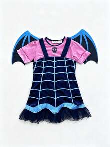 Young Girl Halloween Vampire Little Devil Plaid Mesh Patchwork Dress With Wings, Suitable For Party, Friends Gathering, Birthday Stage Performance - Pink - View 2