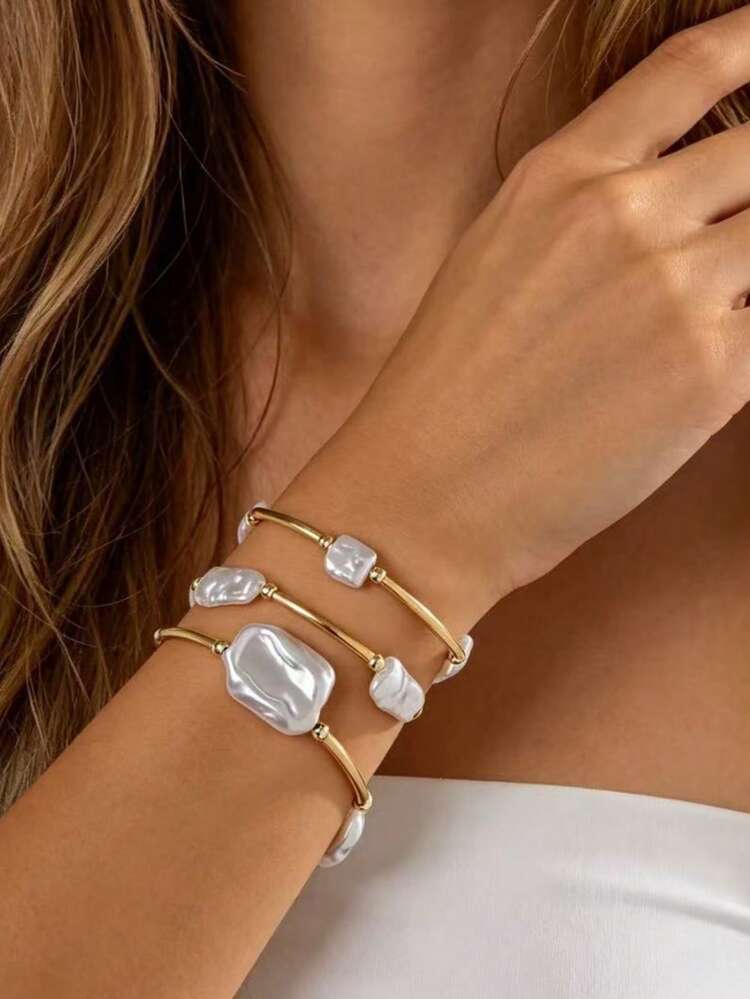 3pcs/Set Fashionable Vintage Baroque Faux Pearl Long Tube & Round Bead Women's Bracelet, Elegant Jewelry Accessory For Daily Layering, Holiday & Party - Yellow Gold - View 4