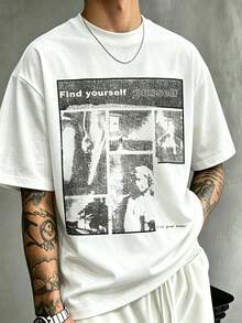 Kaos Lengan Pendek Pria Motif Kolase Panel Komik Vintage Amerika, Potongan Longgar dengan Efek Usang dan Bahu Jatuh Ukuran Besar - Putih - View 1