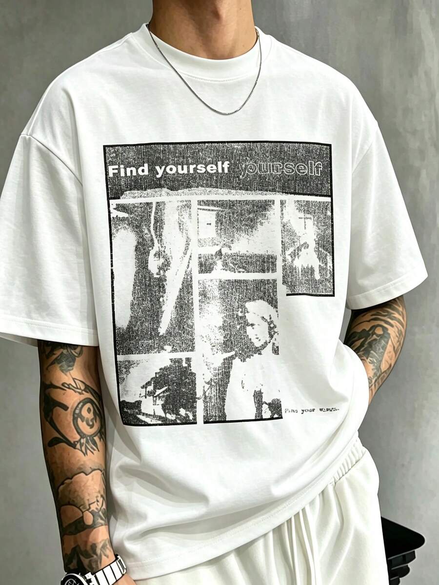 Kaos Lengan Pendek Pria Motif Kolase Panel Komik Vintage Amerika, Potongan Longgar dengan Efek Usang dan Bahu Jatuh Ukuran Besar - Putih - View 1