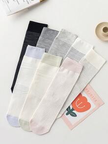 5 Pairs Women's Thin Vertical Striped Color Block Mid-Calf Slouch Socks, Minimalist Black White Gray Light Color Palette Soft Breathable All-Match Long Socks, Flattering Calf Shape, Non-Tight Non-Constricting, Versatile For Commute And Student (Random Color) - Multicolor - View 3