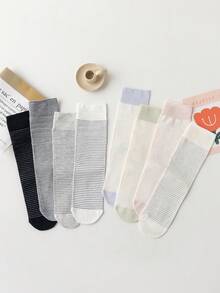 5 Pairs Women's Thin Vertical Striped Color Block Mid-Calf Slouch Socks, Minimalist Black White Gray Light Color Palette Soft Breathable All-Match Long Socks, Flattering Calf Shape, Non-Tight Non-Constricting, Versatile For Commute And Student (Random Color) - Multicolor - View 4