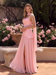 UNITHORSE Women's Pleated Cinching Waist Jacquard Chiffon Evening Dress - Pink - View 4