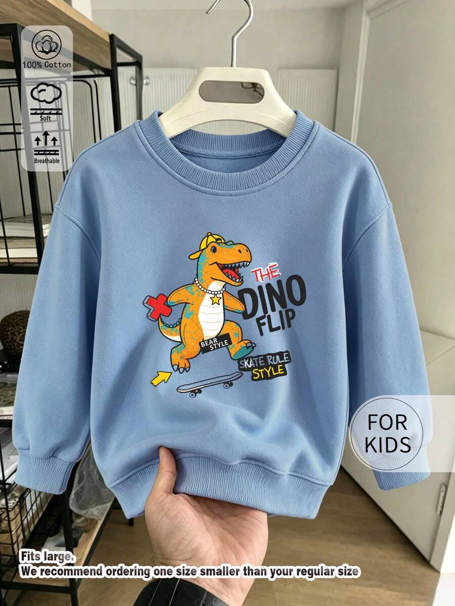 كنزة رياضية بياقة دائرية للأطفال، طباعة رسومية لحروف ديناصور التزلج The Dino Flip، من القطن الناعم، سترة علوية للأطفال - الأزرق - مشاهدة 1